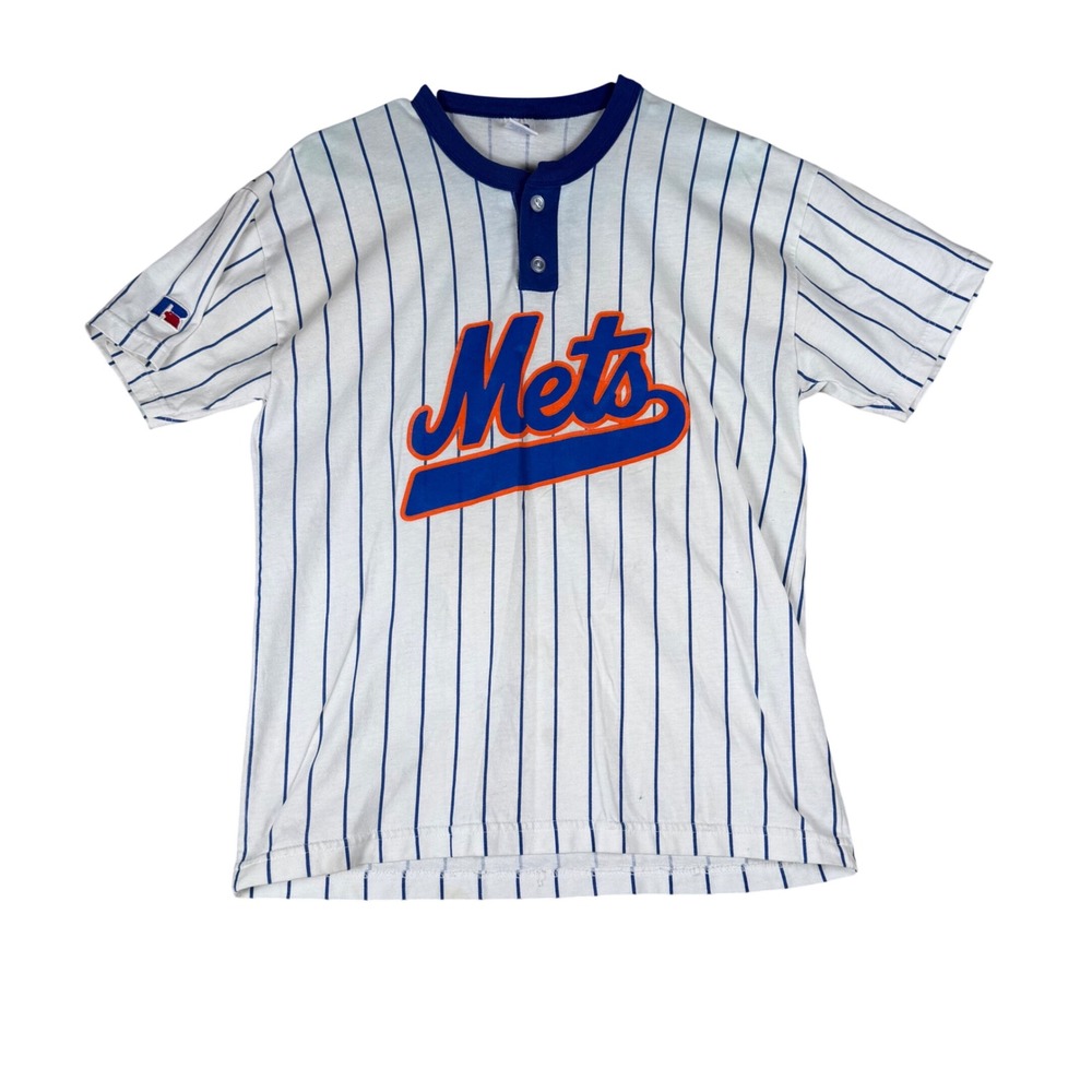 Vintage Russell Athletic NY Mets Pinstripe Henley Jersey Lee 1 Mens Medium White